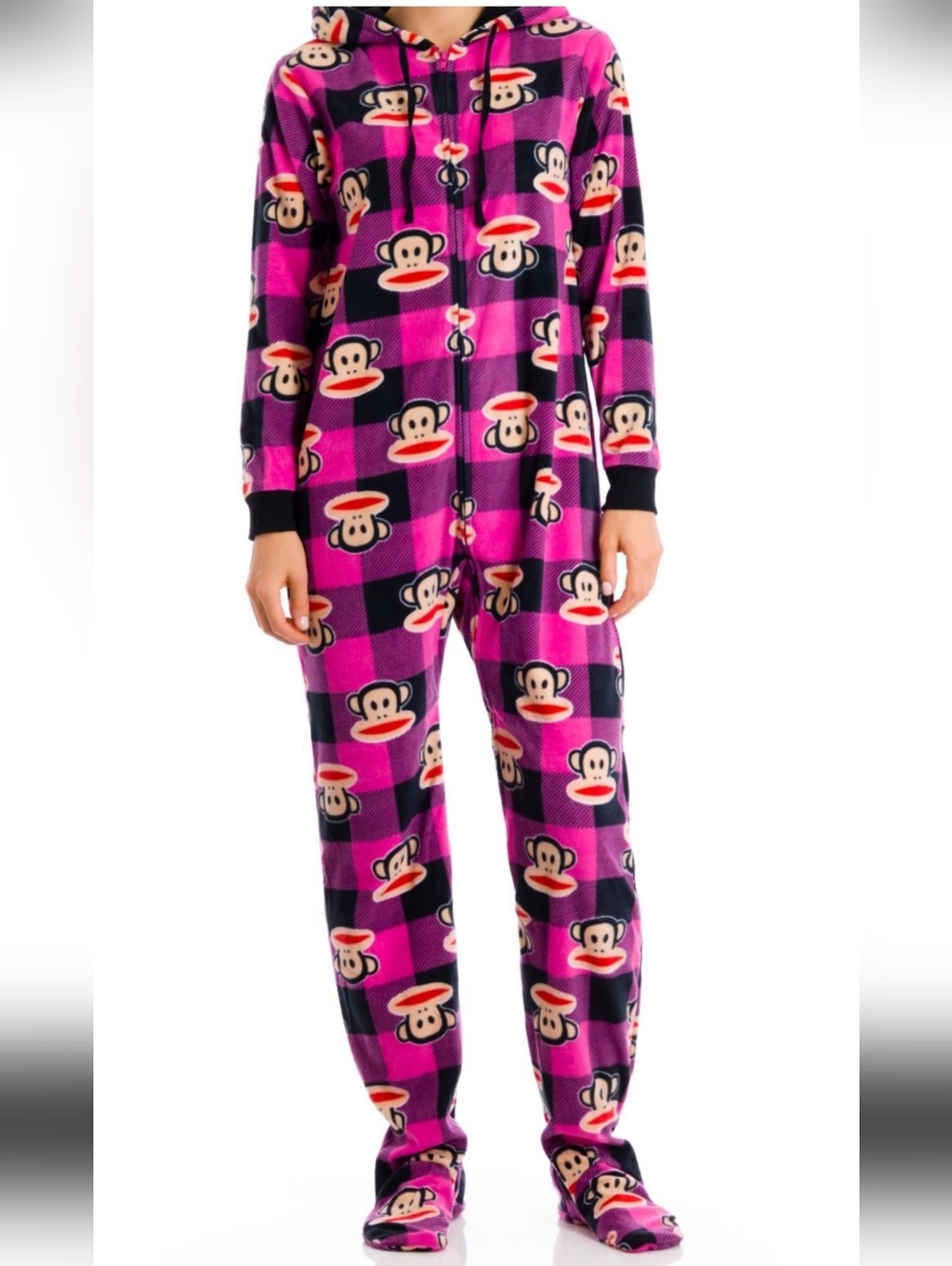 Paul Frank Pink Plaid Monkey Print One Piece Pajama With Feet And Hood. SzL